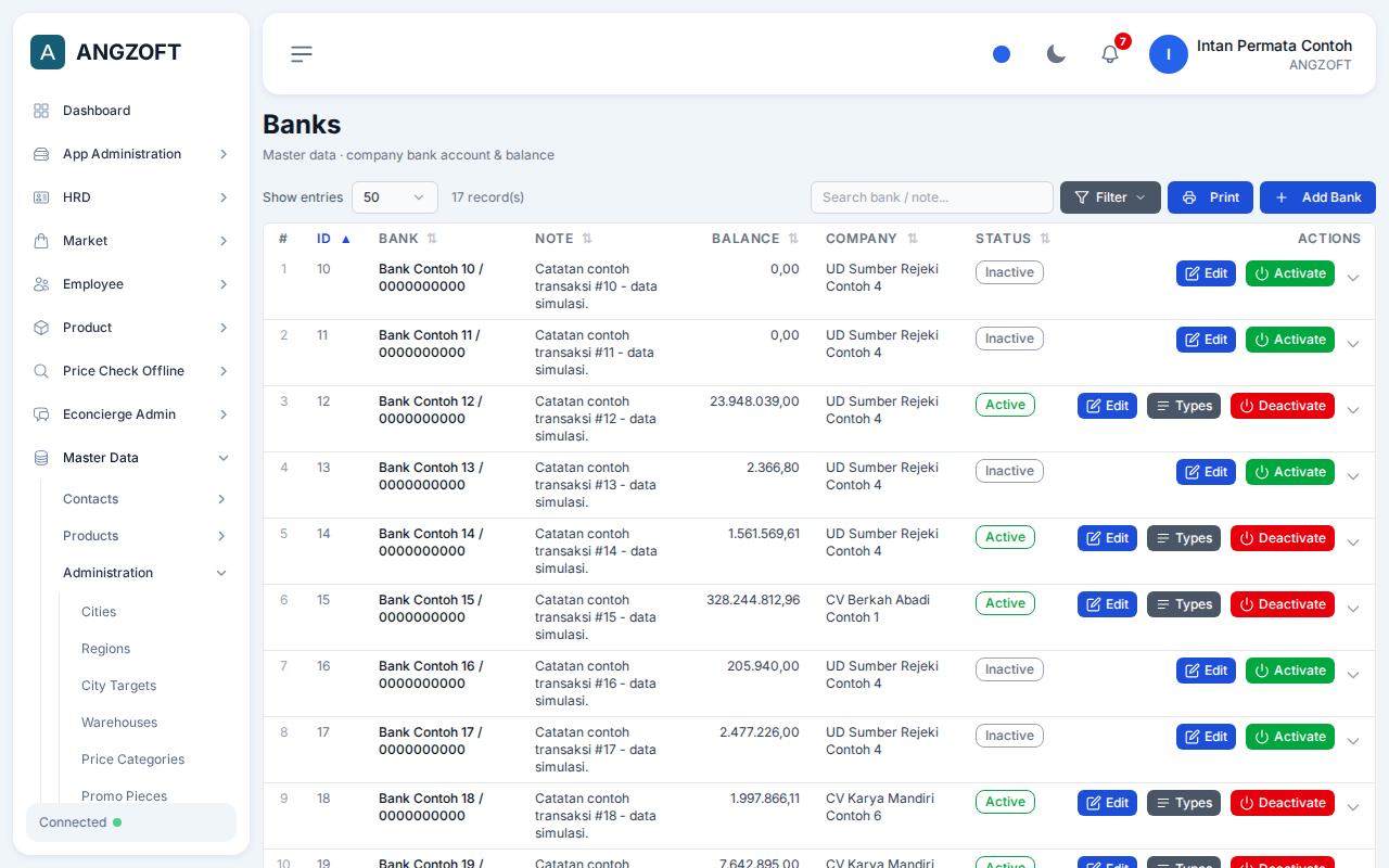 Layar Banks di aplikasi Angzoft ERP.