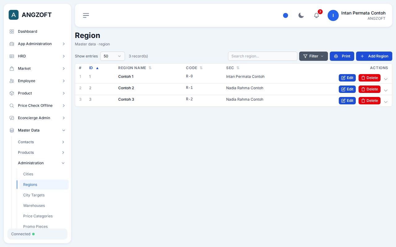 Layar Regions di aplikasi Angzoft ERP.