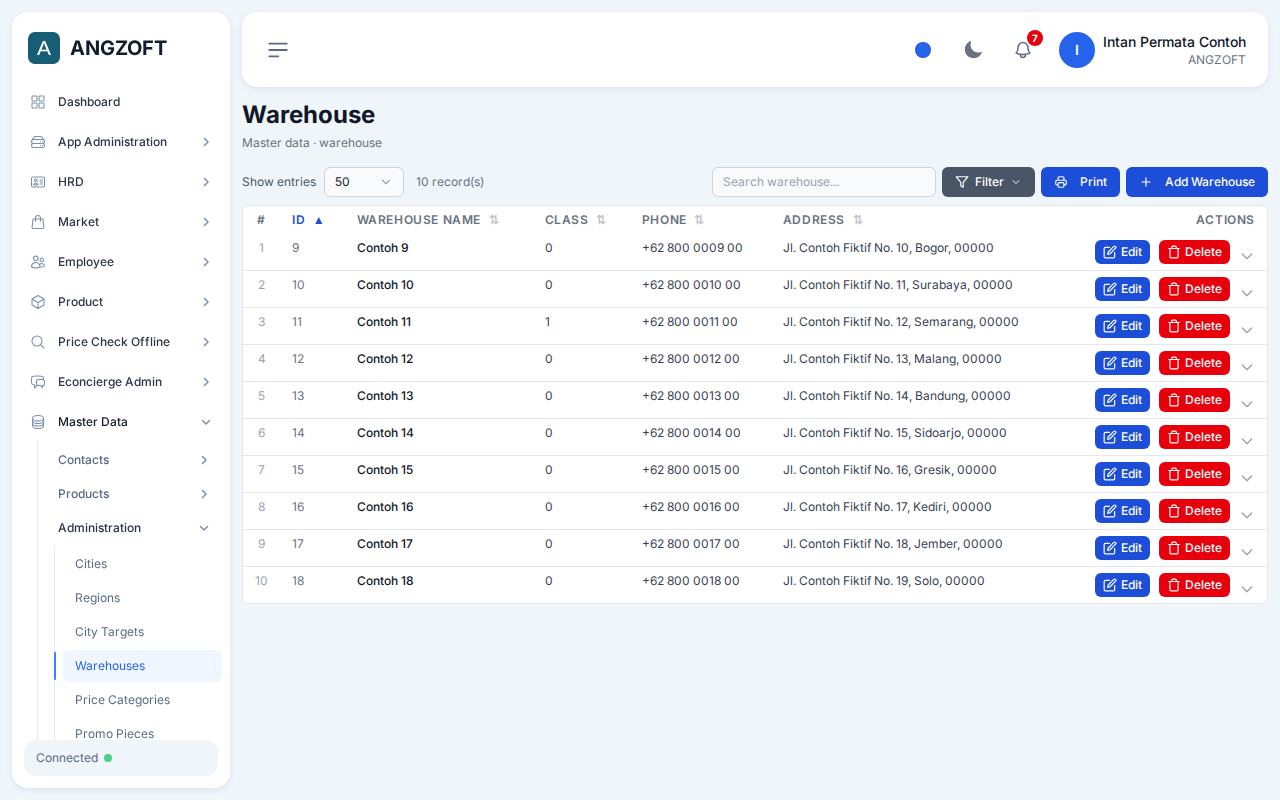 Layar Warehouses di aplikasi Angzoft ERP.