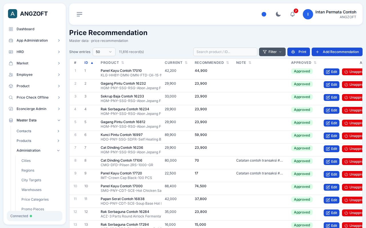 Layar Price Recommendations di aplikasi Angzoft ERP.