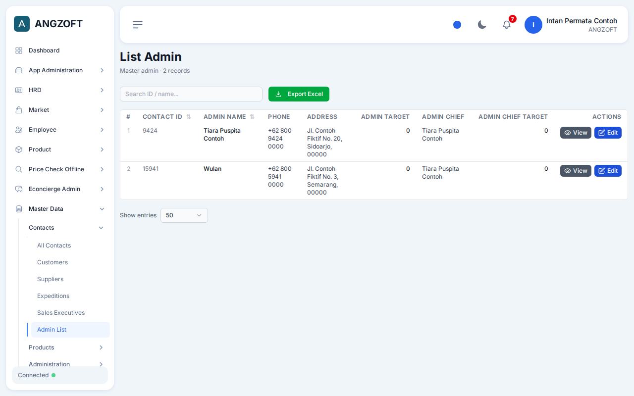 Layar Admin List di aplikasi Angzoft ERP.