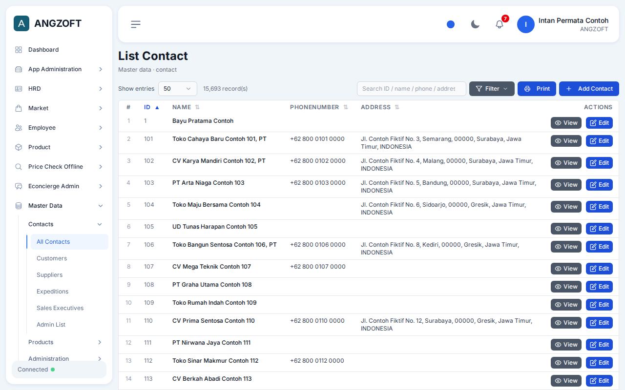 Layar All Contacts di aplikasi Angzoft ERP.