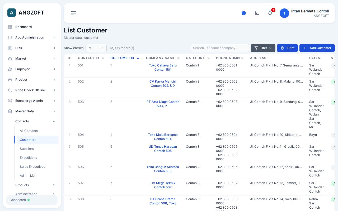 Layar Customers di aplikasi Angzoft ERP.