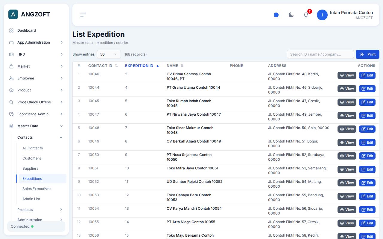 Layar Expeditions di aplikasi Angzoft ERP.