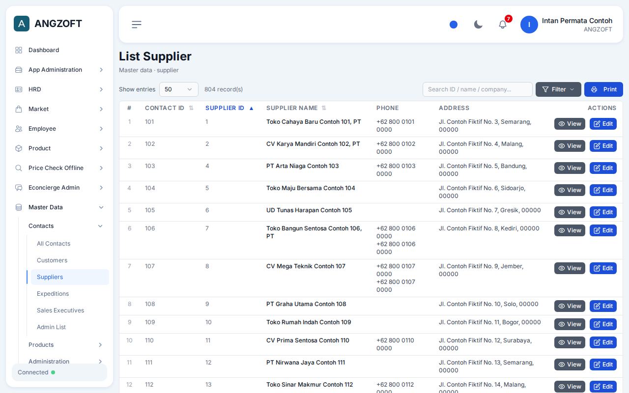 Layar Suppliers di aplikasi Angzoft ERP.