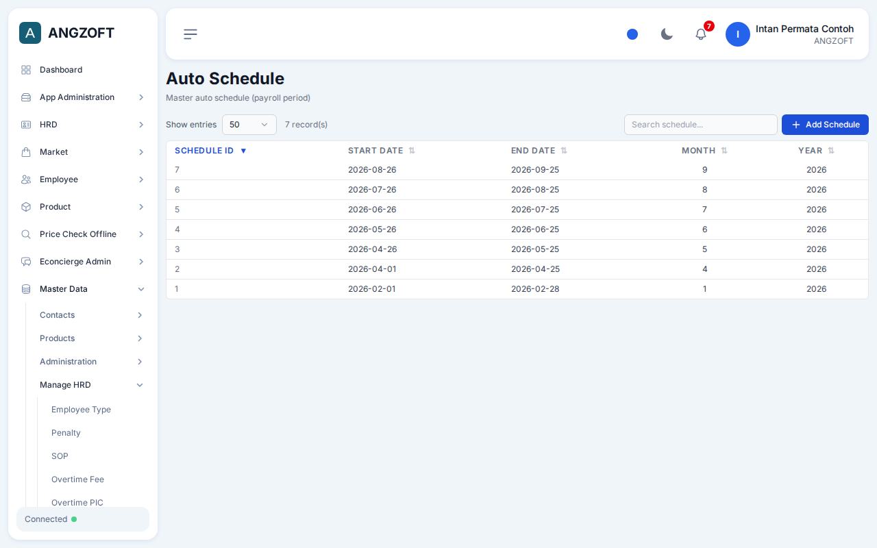 Layar Auto Schedule di aplikasi Angzoft ERP.