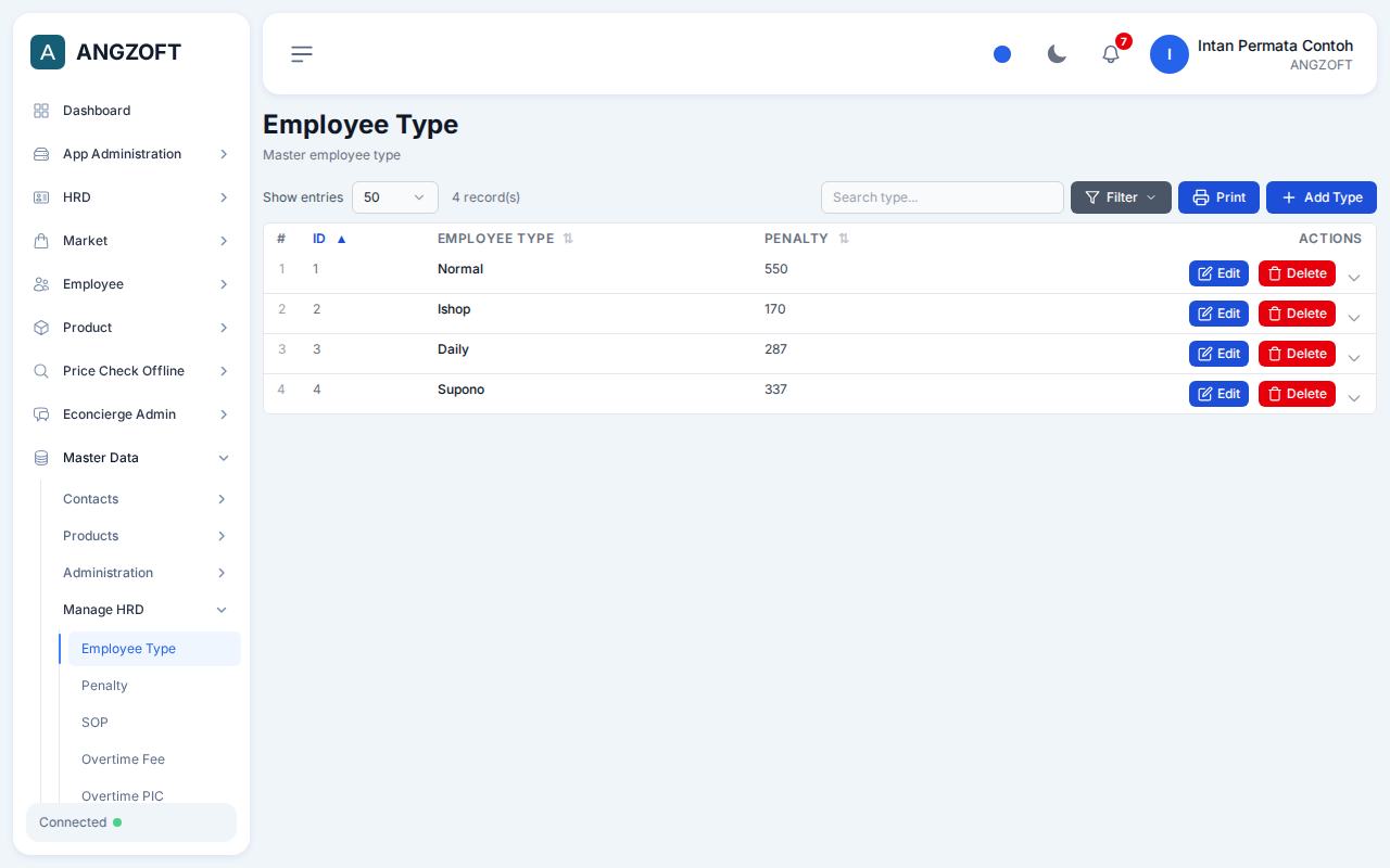Layar Employee Type di aplikasi Angzoft ERP.