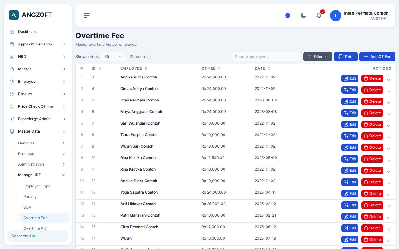 Layar Overtime Fee di aplikasi Angzoft ERP.