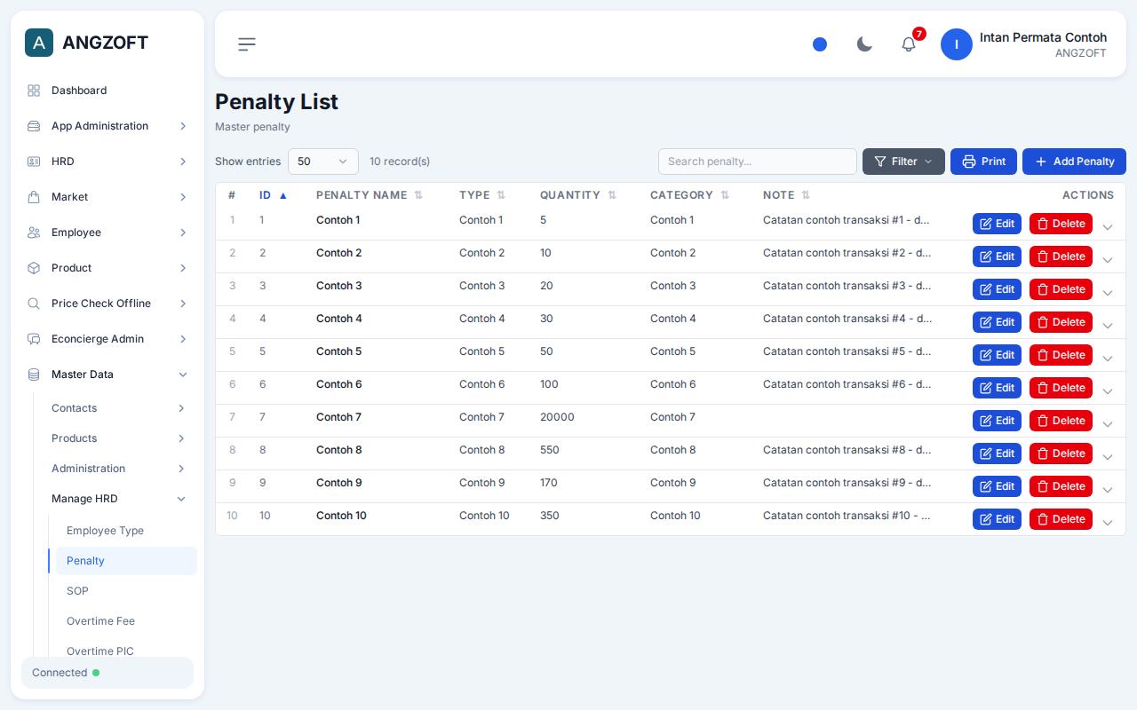 Layar Penalty di aplikasi Angzoft ERP.