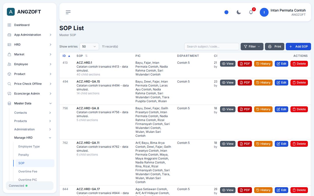 Layar SOP di aplikasi Angzoft ERP.