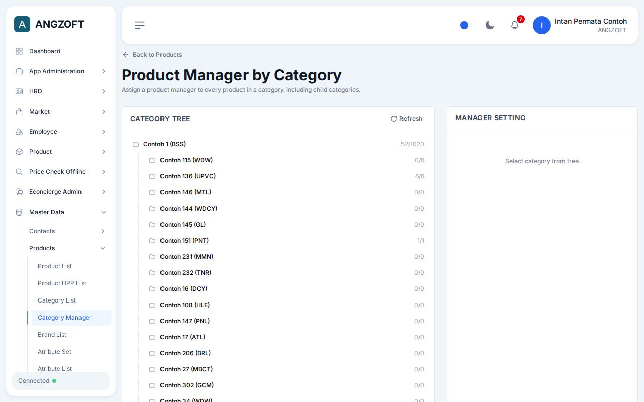 Layar Category Manager di aplikasi Angzoft ERP.