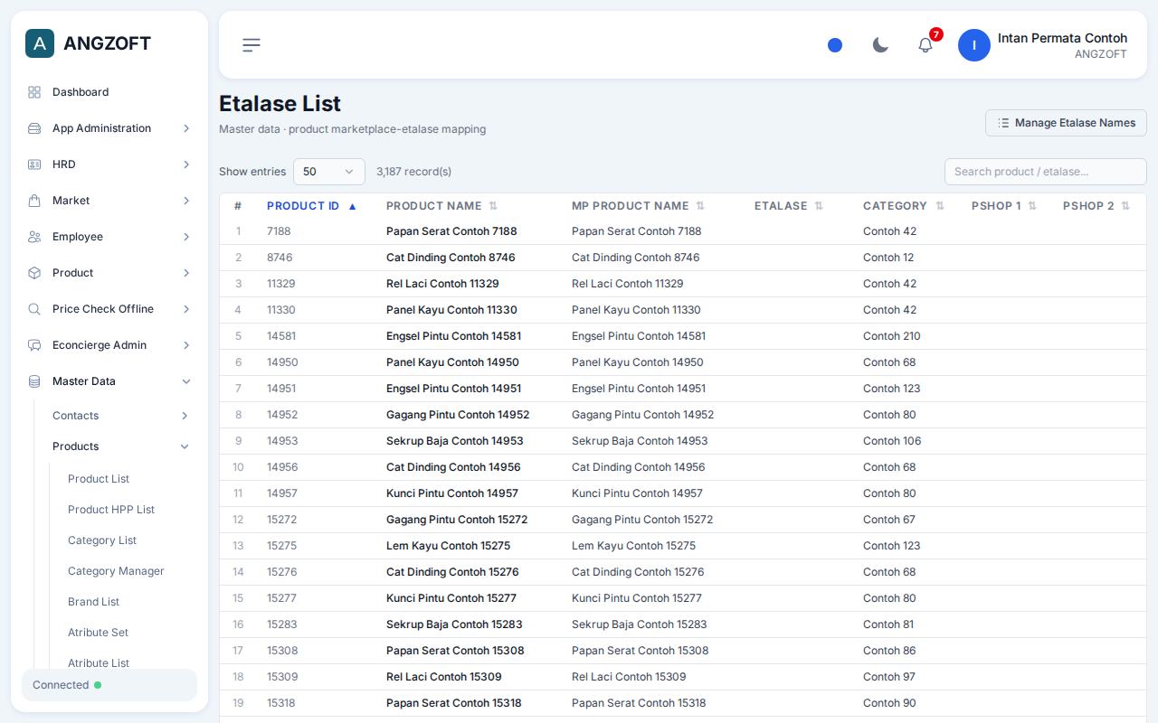 Layar Etalase List di aplikasi Angzoft ERP.