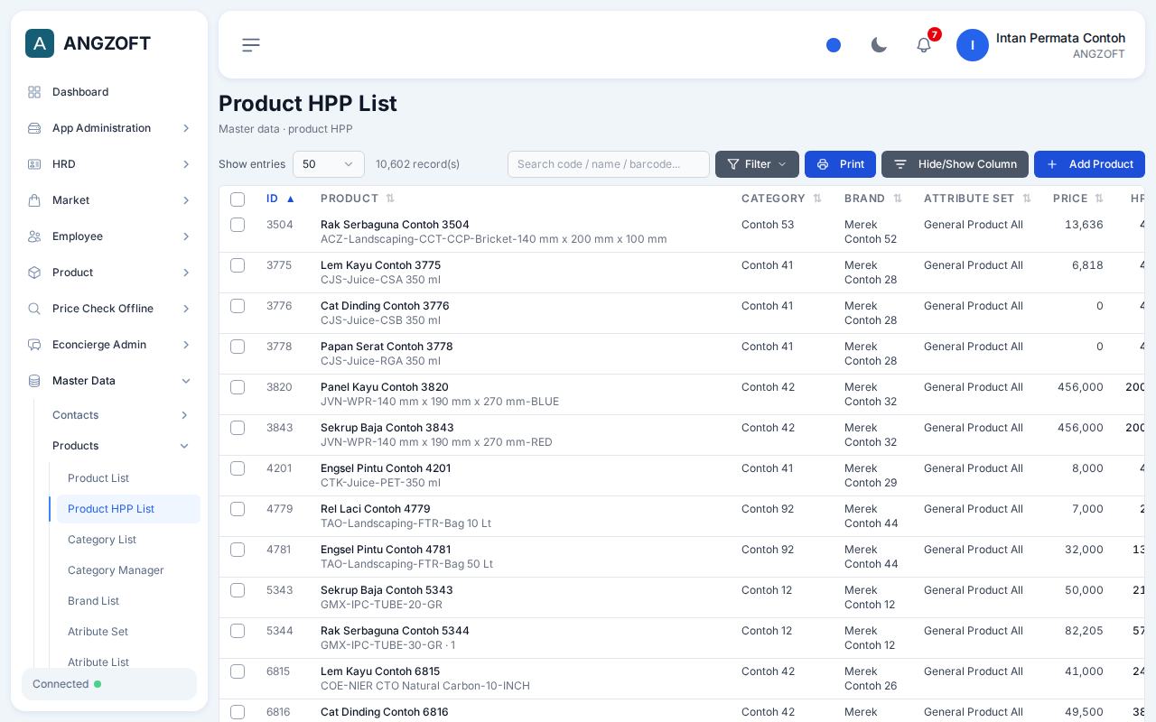 Layar Product HPP List di aplikasi Angzoft ERP.