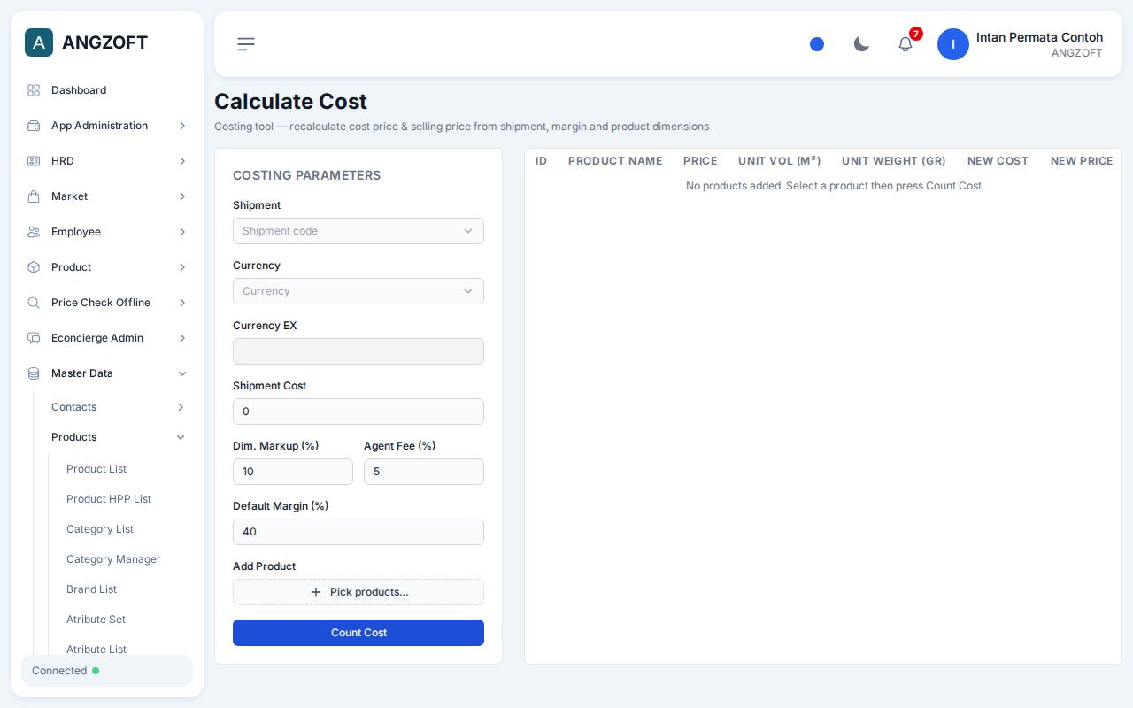 Layar Calculate Cost di aplikasi Angzoft ERP.