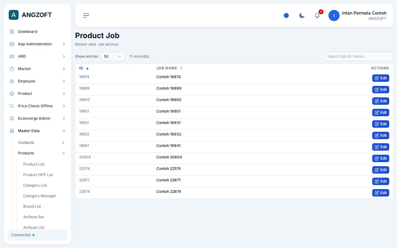 Layar Product Job di aplikasi Angzoft ERP.
