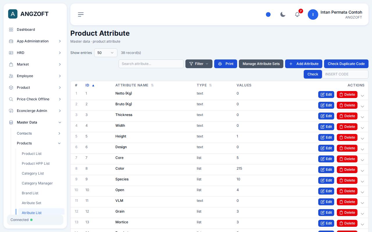 Layar Atribute List di aplikasi Angzoft ERP.