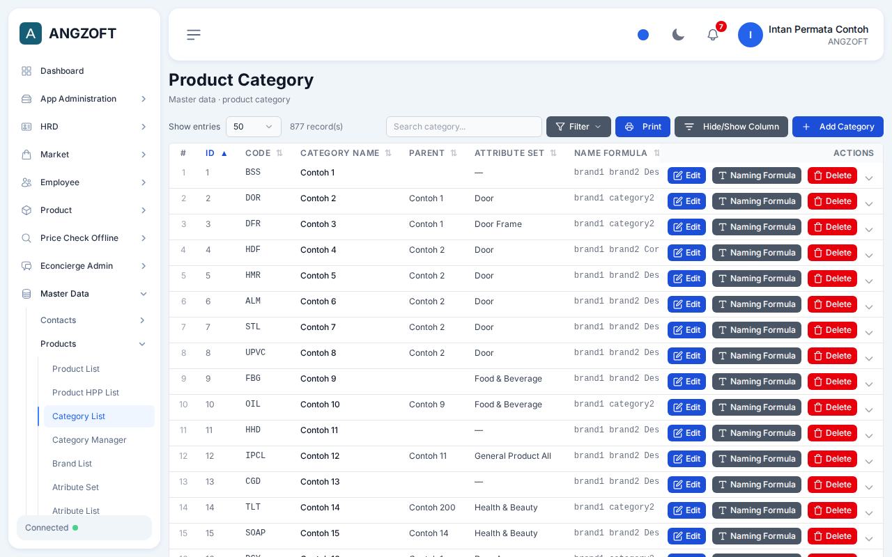 Layar Category List di aplikasi Angzoft ERP.