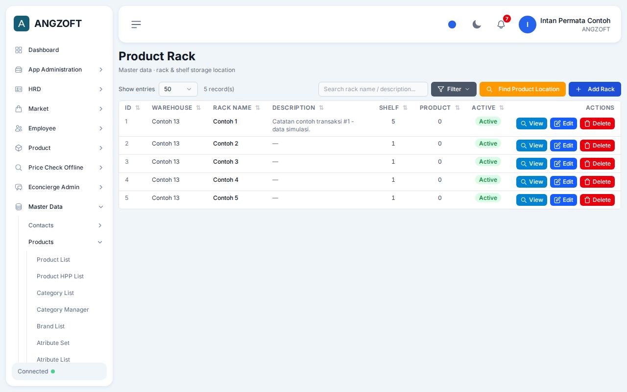 Layar Rack di aplikasi Angzoft ERP.