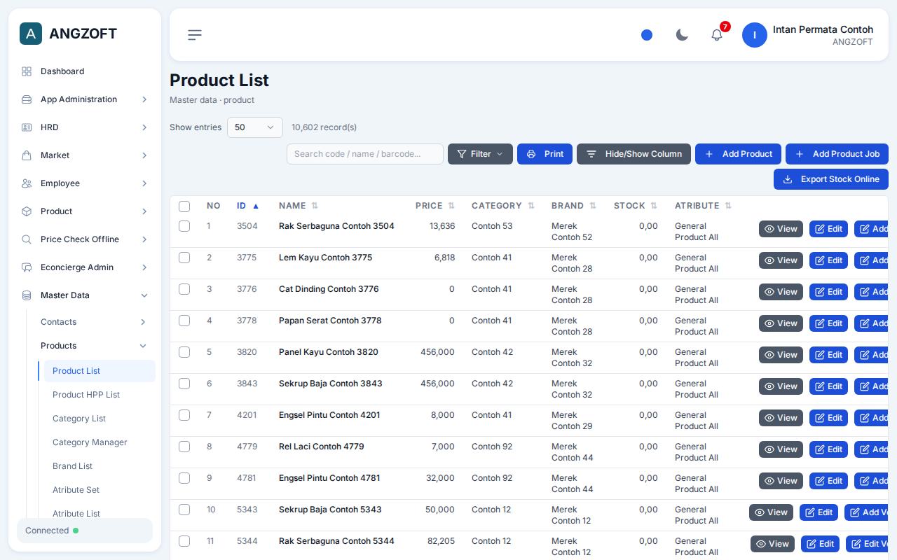 Layar Product List di aplikasi Angzoft ERP.