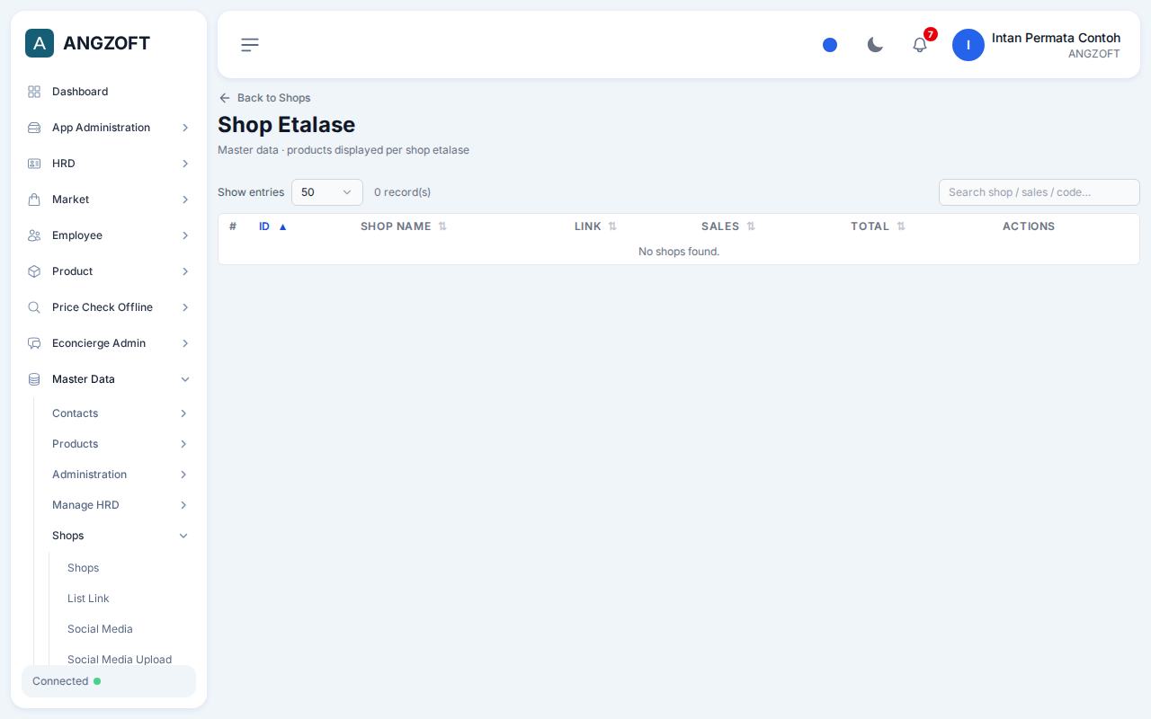 Layar Shop Etalase di aplikasi Angzoft ERP.