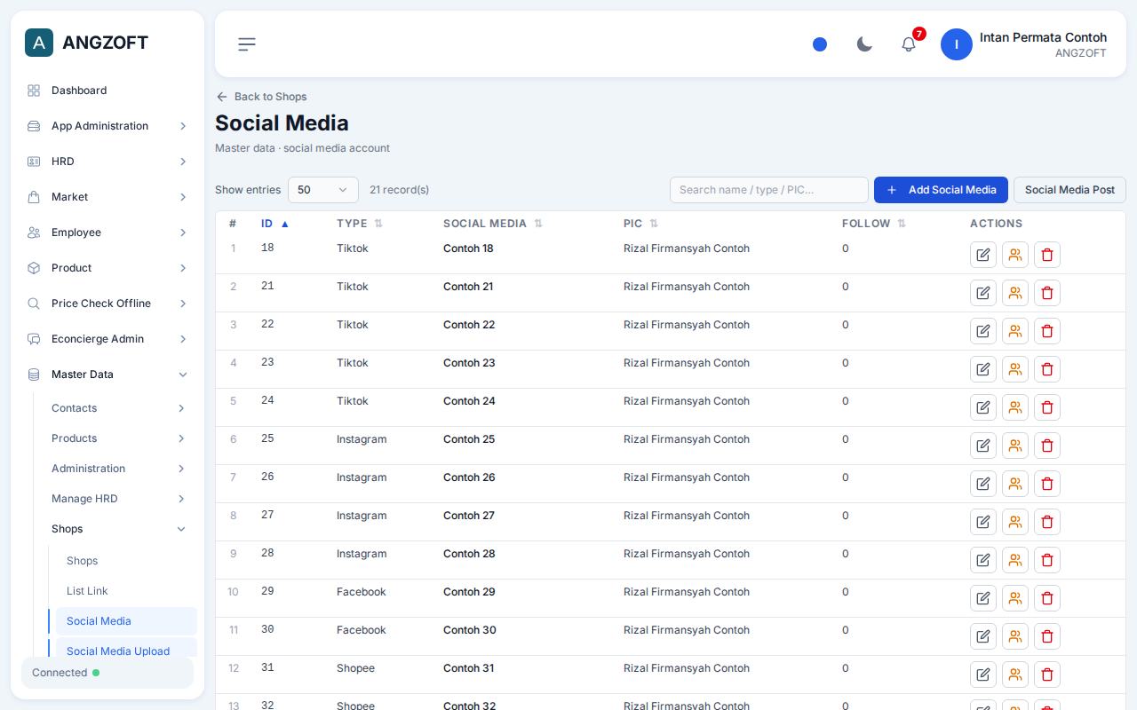 Layar Social Media di aplikasi Angzoft ERP.