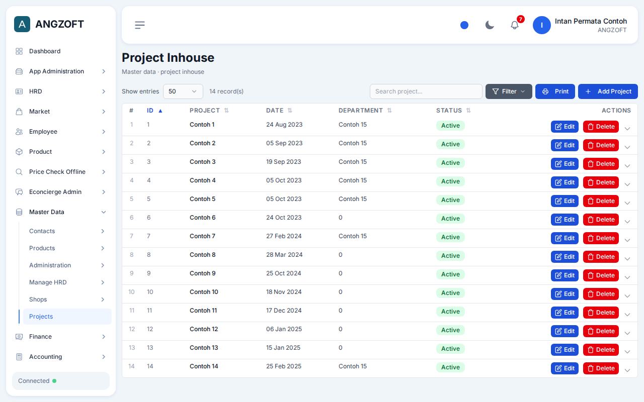Layar Projects di aplikasi Angzoft ERP.