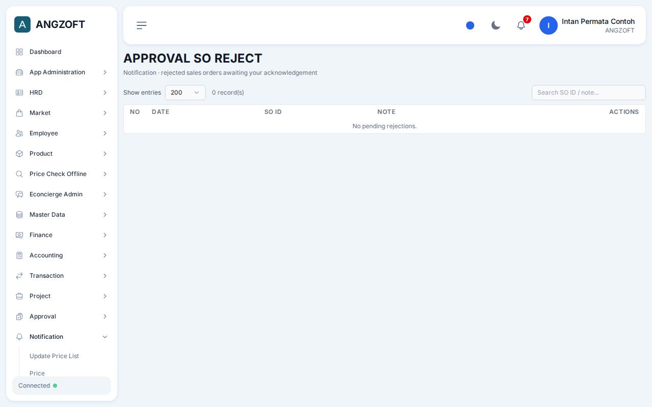 Layar Approval Reject di aplikasi Angzoft ERP.