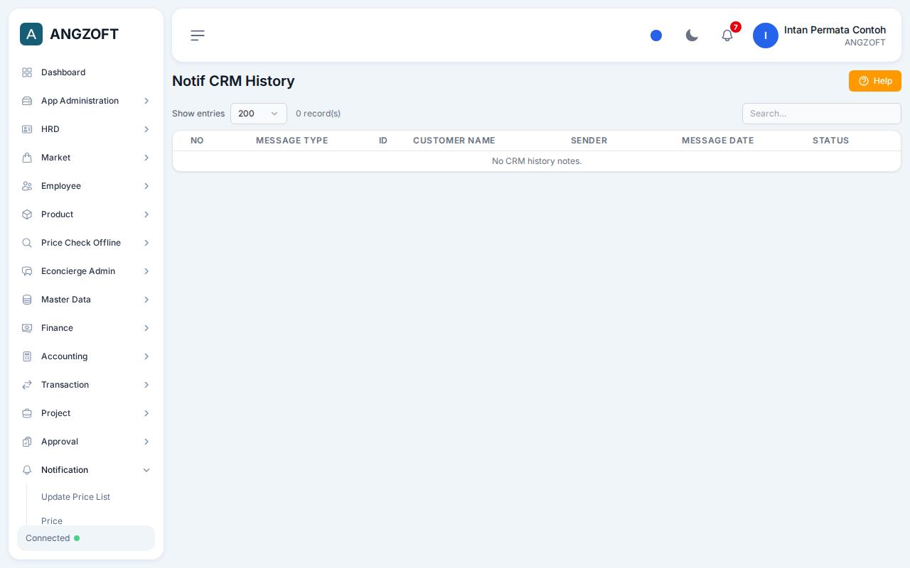 Layar Notif CRM History di aplikasi Angzoft ERP.