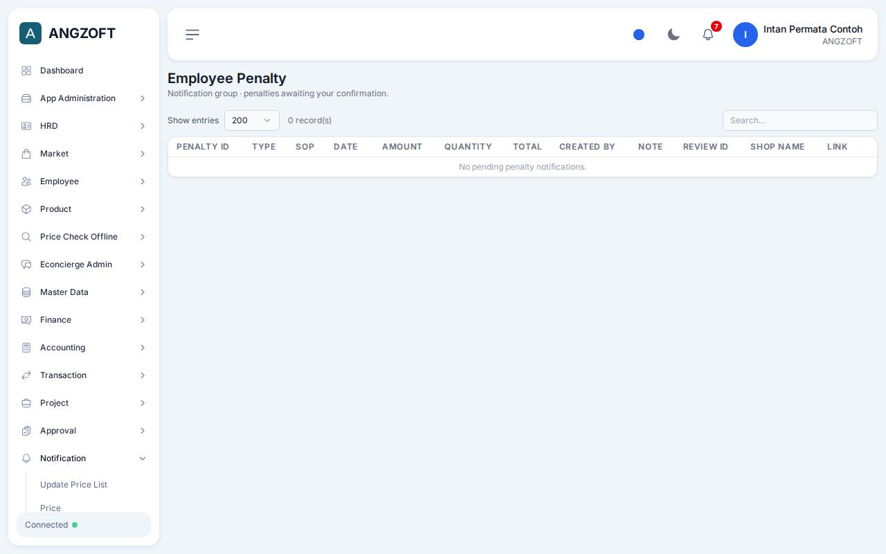 Layar Employee Penalty di aplikasi Angzoft ERP.