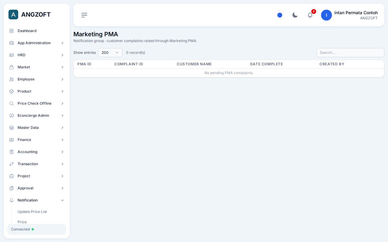 Layar Marketing PMA di aplikasi Angzoft ERP.