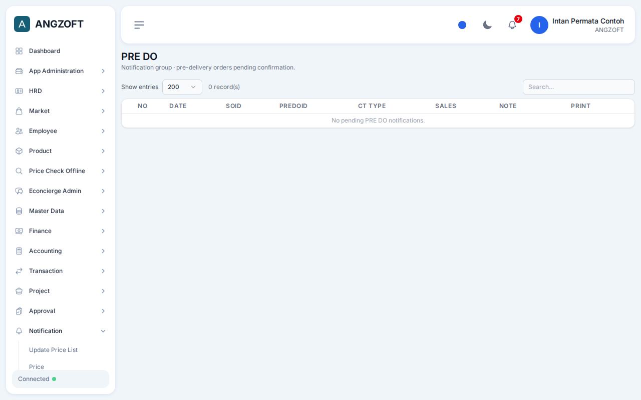 Layar PRE DO di aplikasi Angzoft ERP.