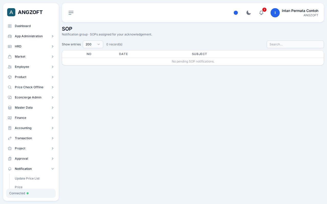 Layar SOP di aplikasi Angzoft ERP.