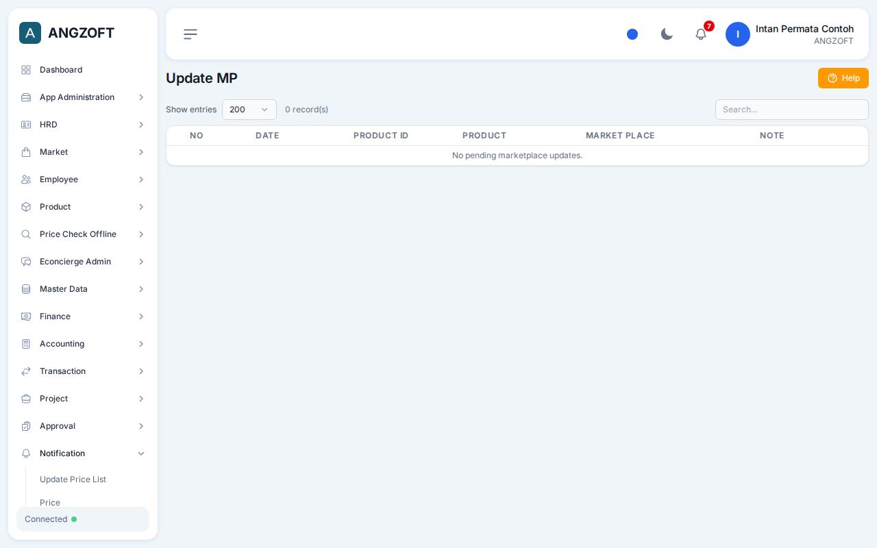 Layar Update MP di aplikasi Angzoft ERP.