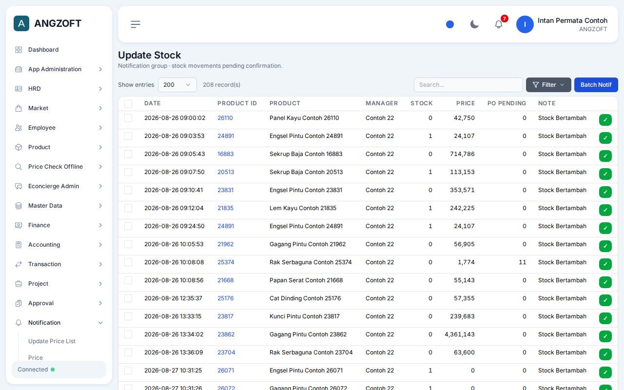 Layar Update Stock di aplikasi Angzoft ERP.