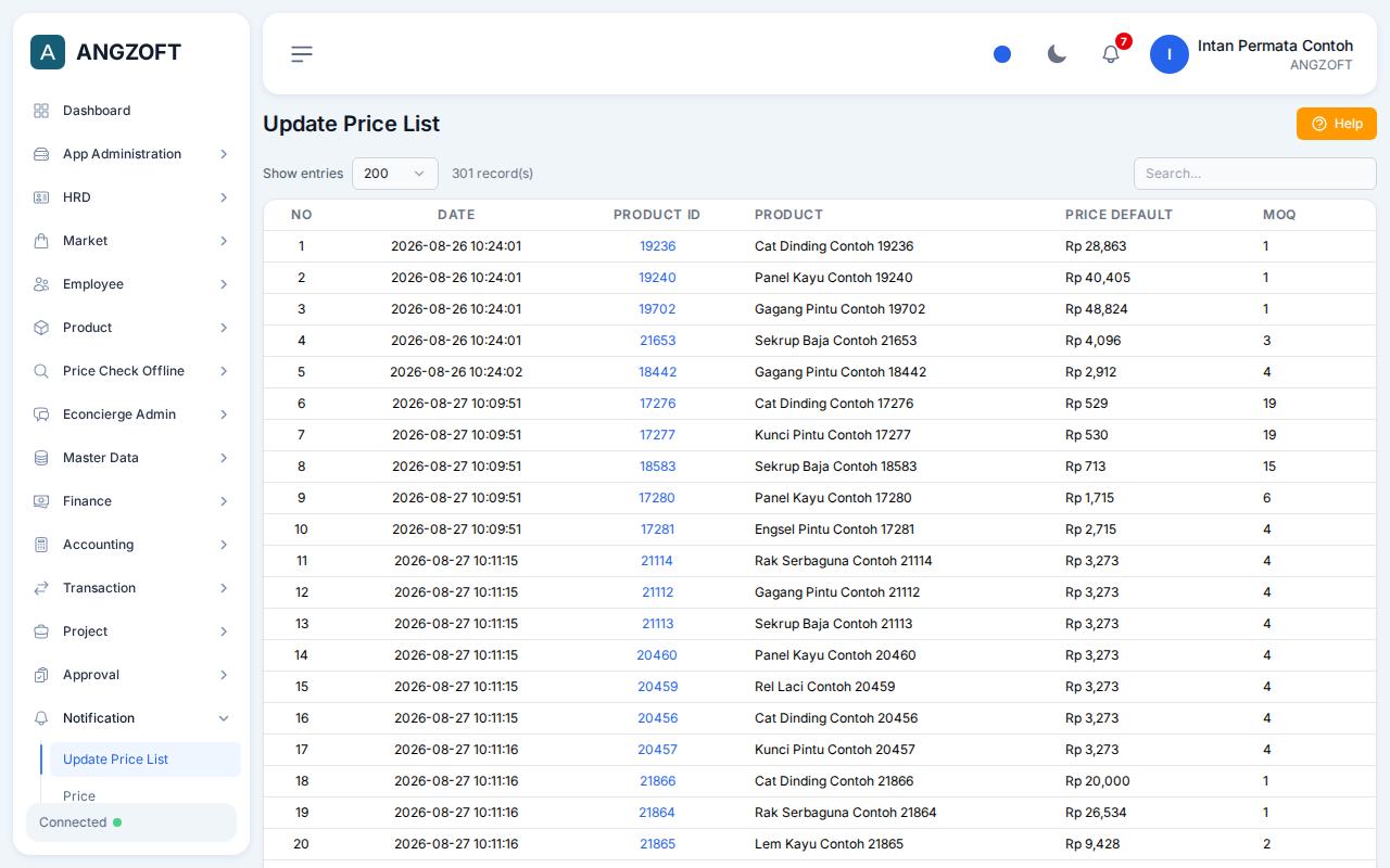Layar Update Price List di aplikasi Angzoft ERP.
