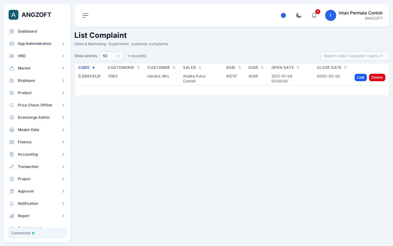 Layar Report Complain di aplikasi Angzoft ERP.