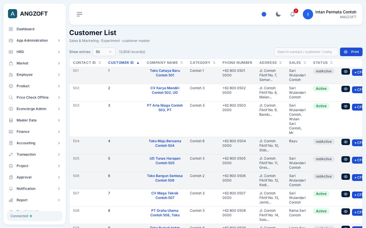 Layar Halaman Customer List di aplikasi Angzoft ERP.