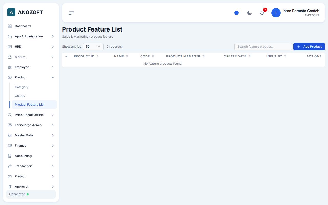 Layar Product Feature List di aplikasi Angzoft ERP.