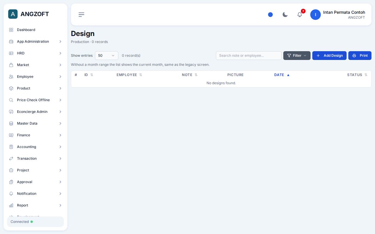 Layar Design di aplikasi Angzoft ERP.