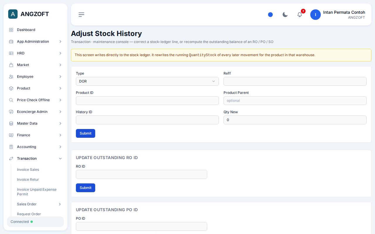 Layar Adjust Stock History di aplikasi Angzoft ERP.