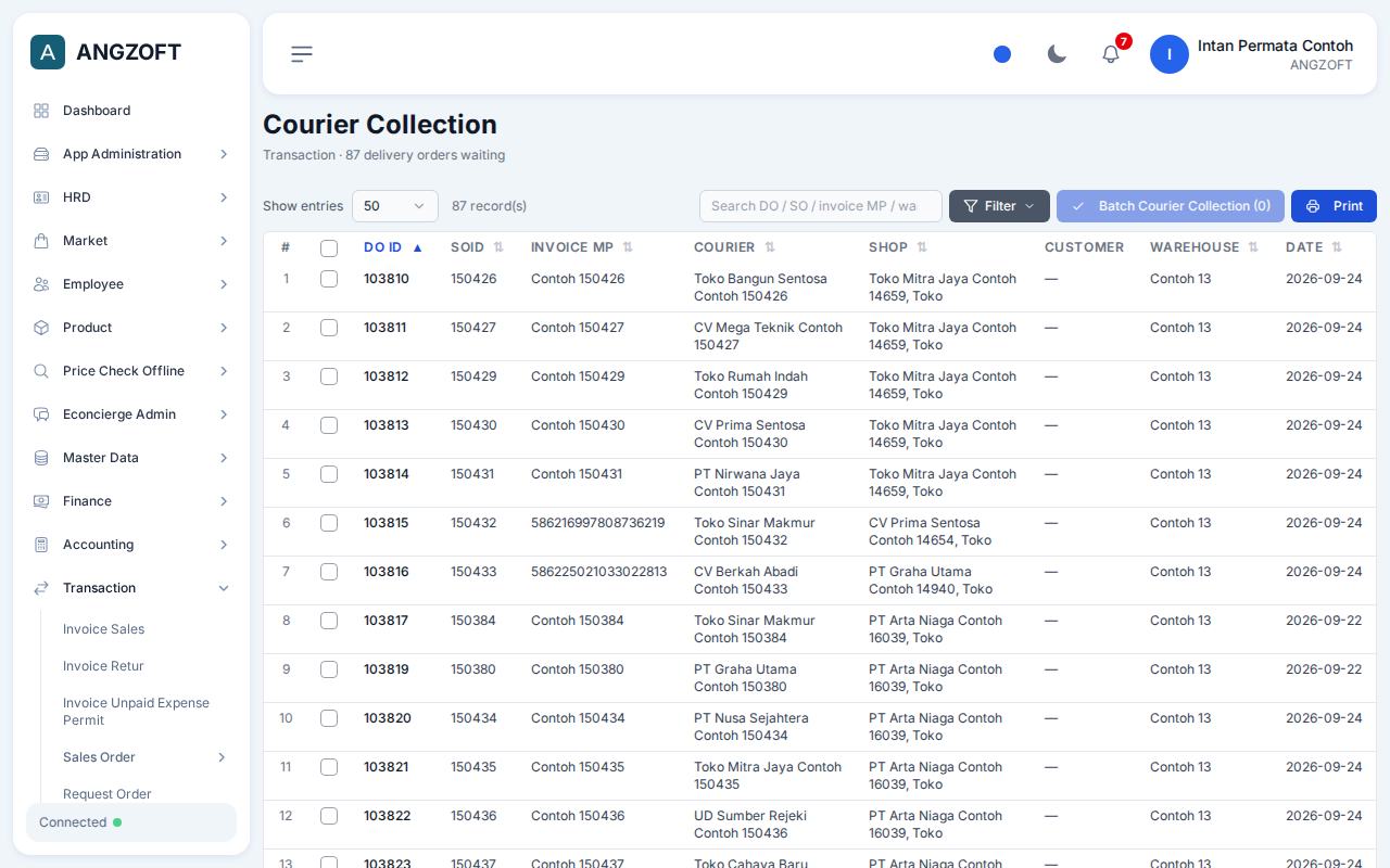 Layar Courier Collection di aplikasi Angzoft ERP.
