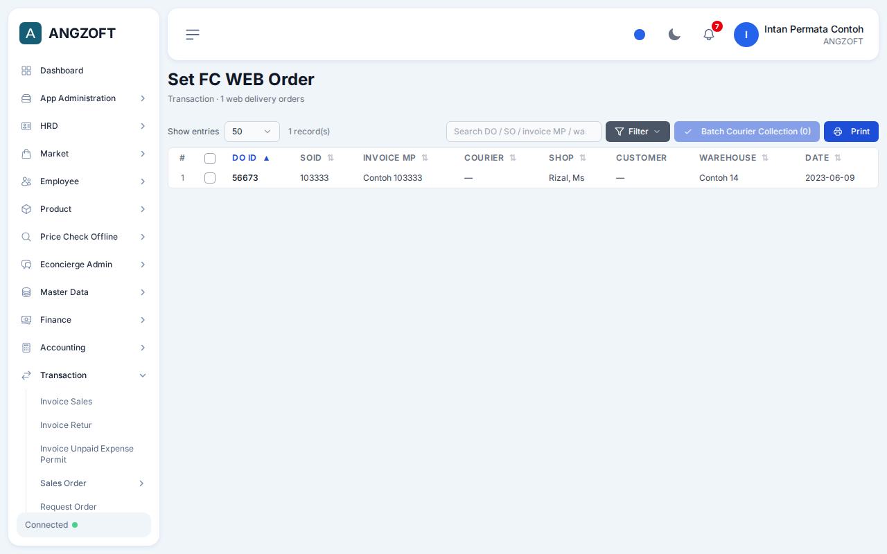 Layar Set FC WEB Order di aplikasi Angzoft ERP.