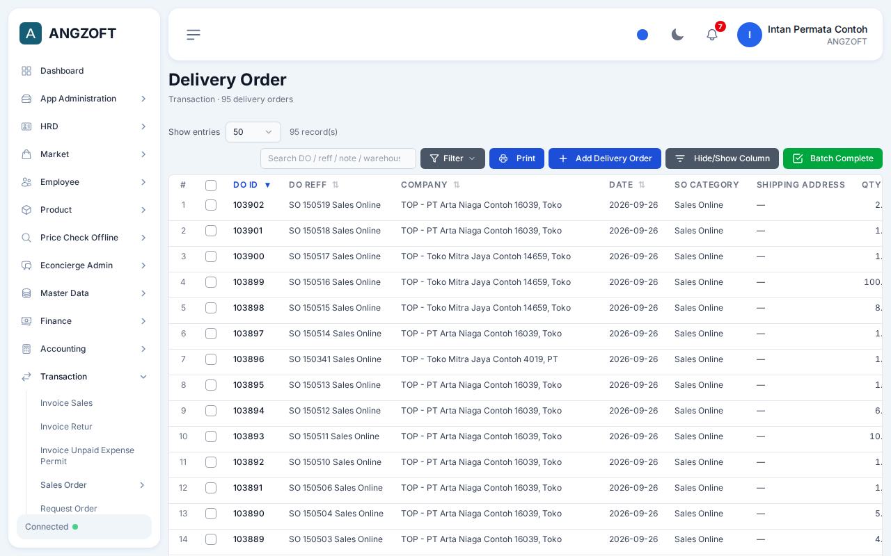 Layar Delivery Order di aplikasi Angzoft ERP.