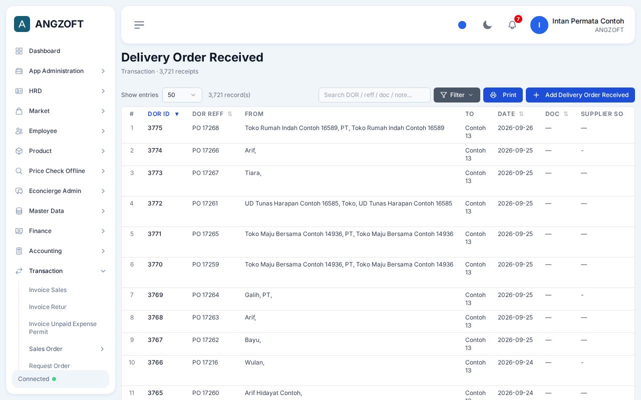 Layar Delivery Order Received di aplikasi Angzoft ERP.