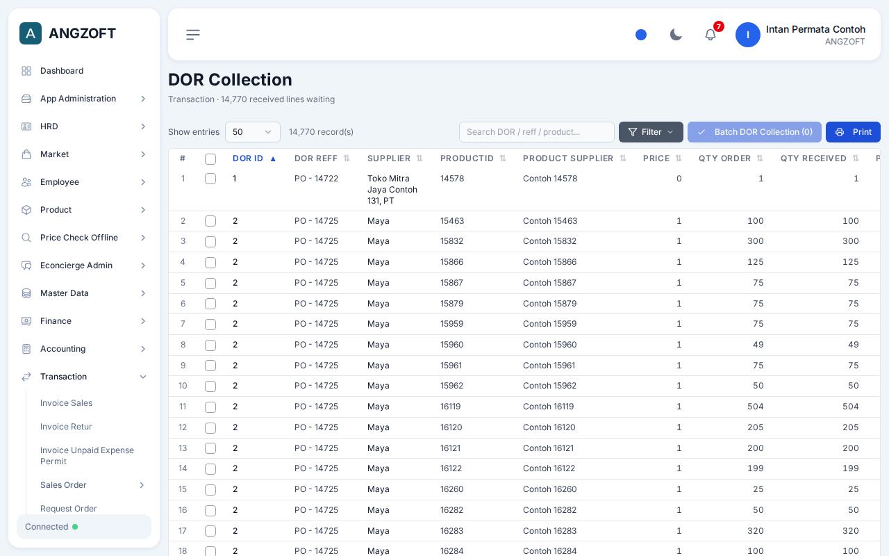 Layar DOR Collection di aplikasi Angzoft ERP.