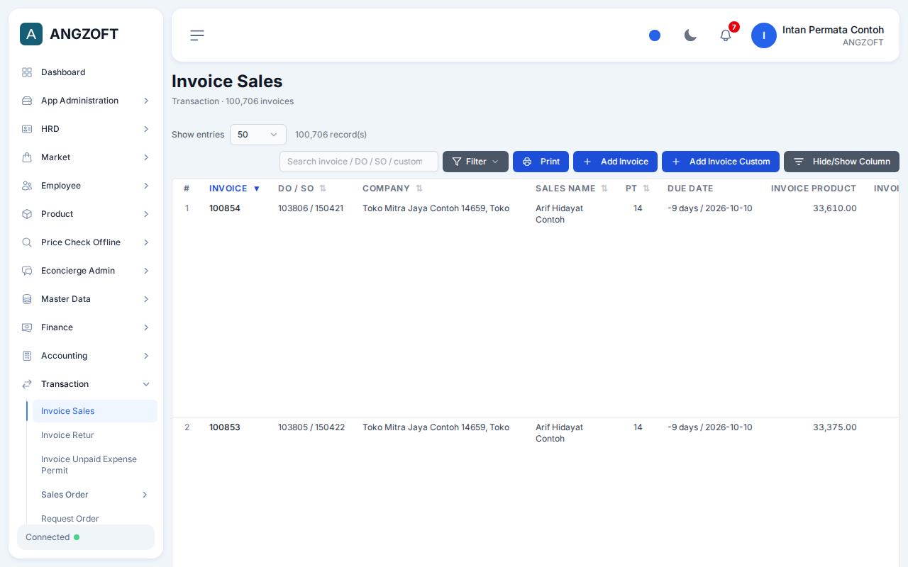 Layar Invoice Sales di aplikasi Angzoft ERP.