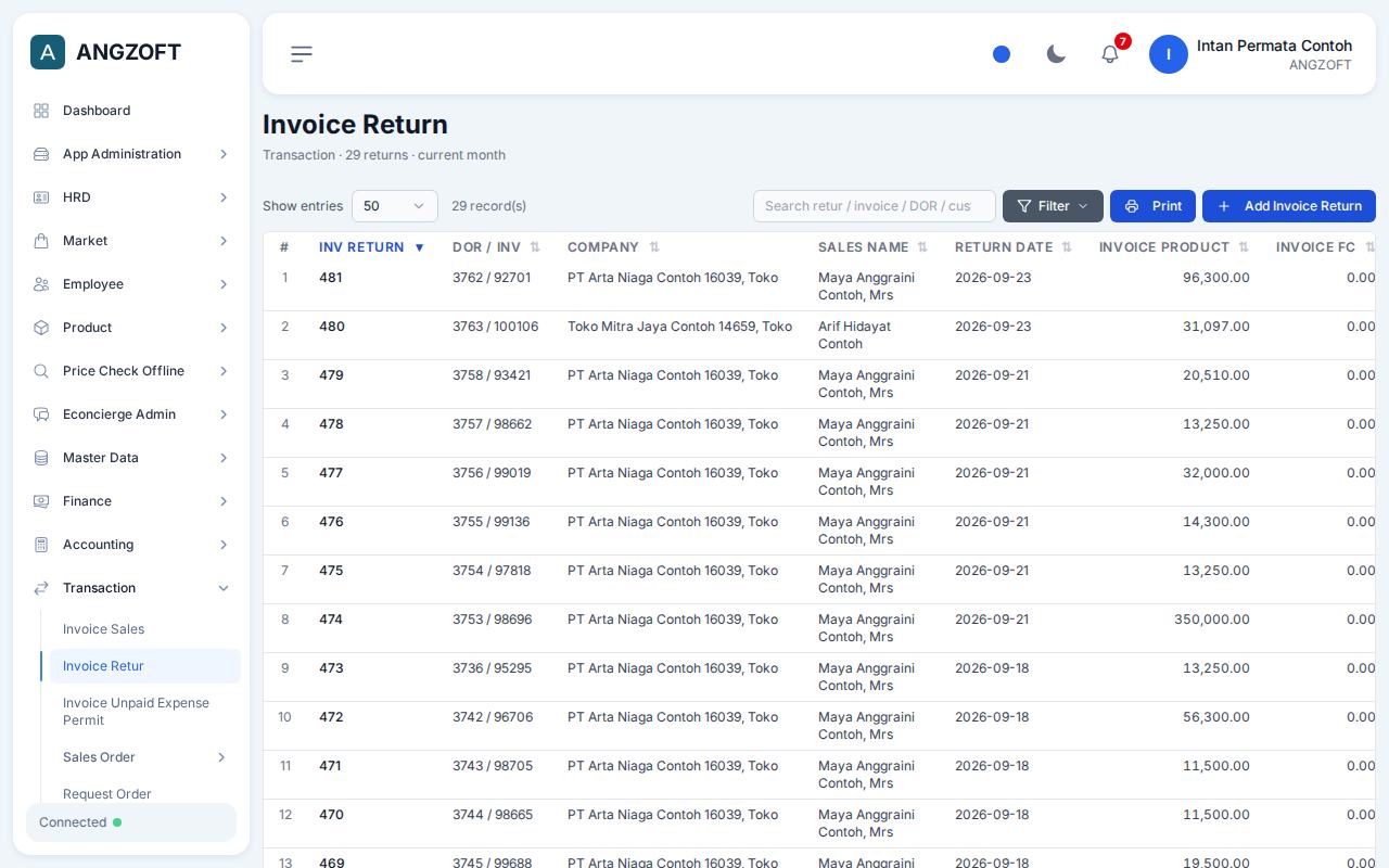 Layar Invoice Retur di aplikasi Angzoft ERP.