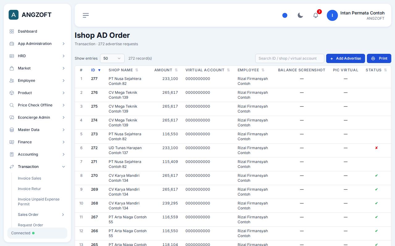 Layar Ishop AD Order di aplikasi Angzoft ERP.