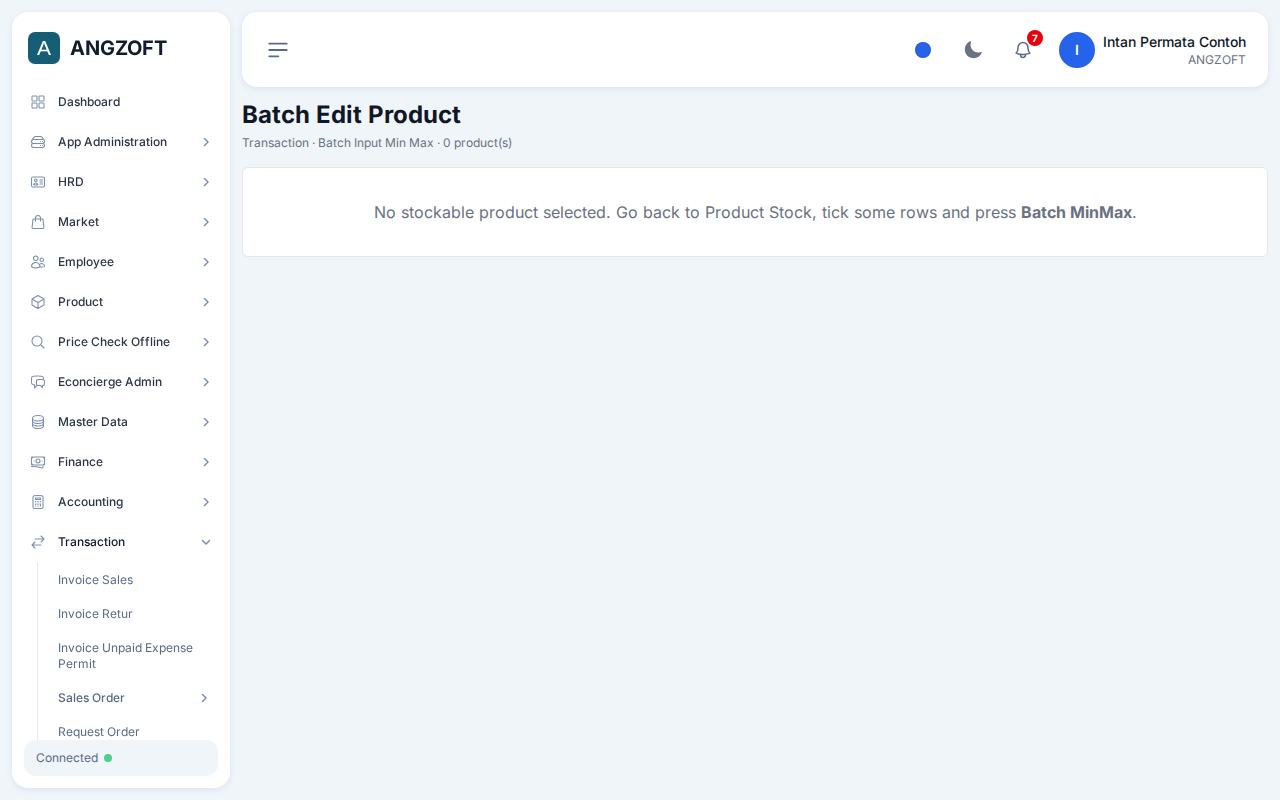 Layar Product Min Max di aplikasi Angzoft ERP.