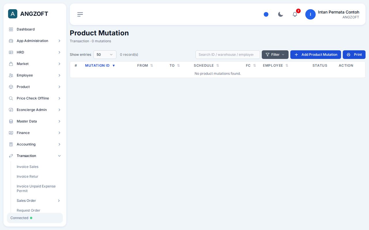 Layar Product Mutation di aplikasi Angzoft ERP.